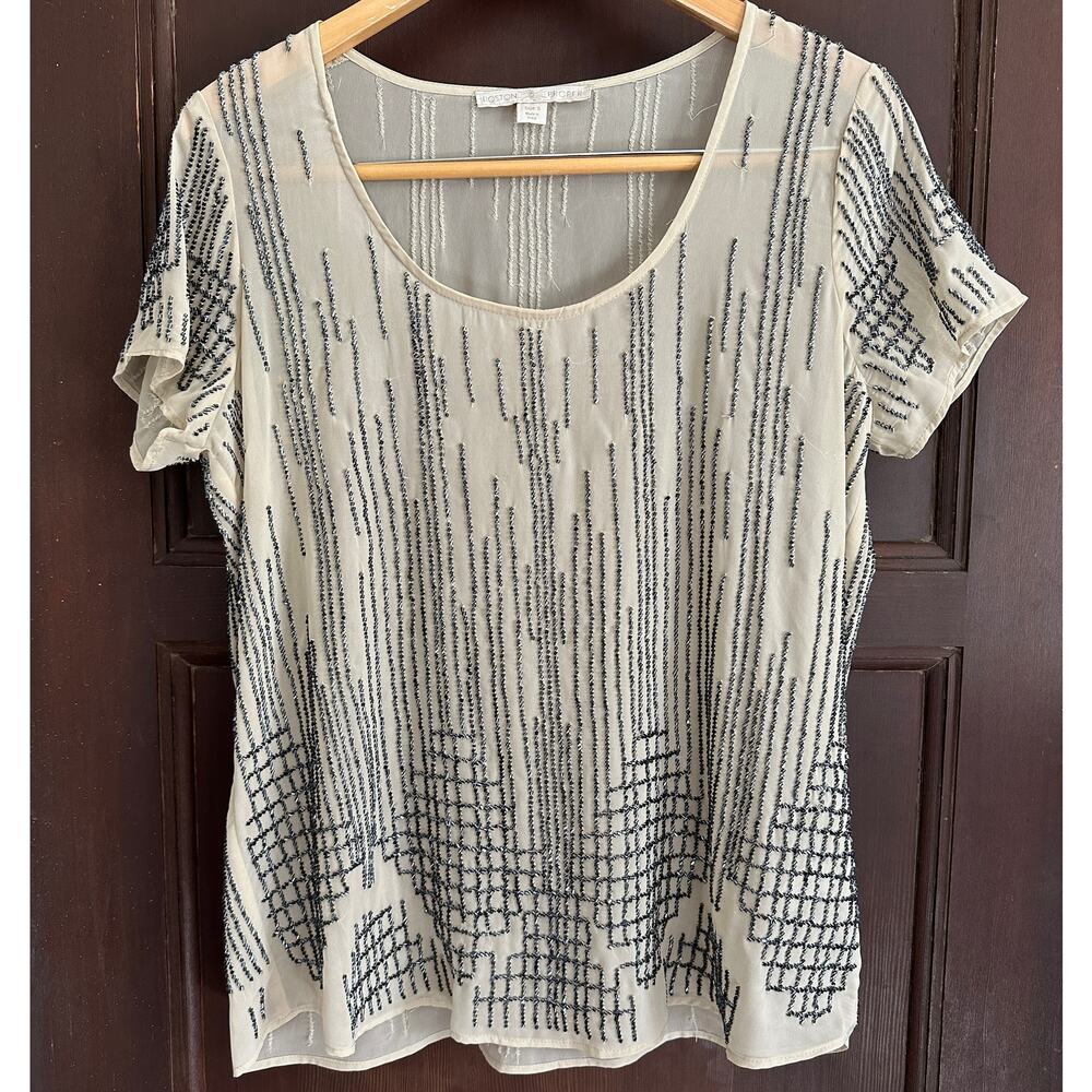 BOSTON PROPER | Geometric Beaded Short Sleeve Blouse | Size Small